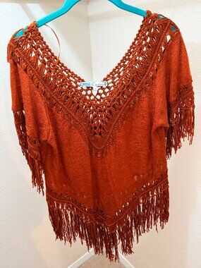 Cecico Rust Orange Crochet Fringe Boho Tunic Top - Size S